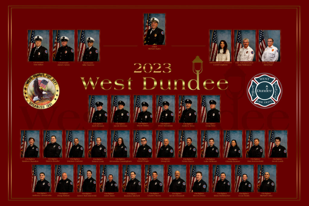 Full-department staff portrait shoot for the West Dundee Fire Department — 35 firefighters captured in available light across two shifts.